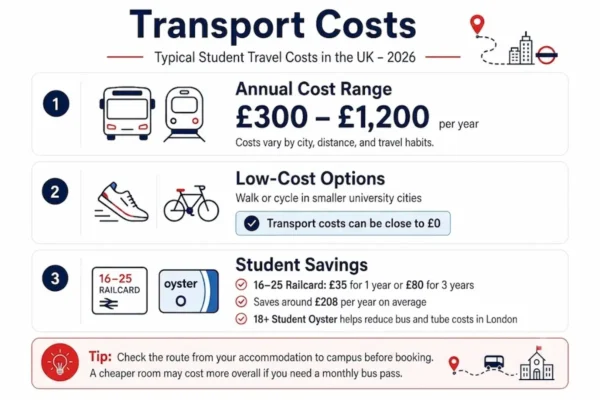 An infographic detailing typical student travel and transport costs in the UK for 2026, showing annual cost ranges between £300 and £1,200, low-cost options like walking or cycling, and student savings with a 16-25 Railcard or 18+ Student Oyster card.