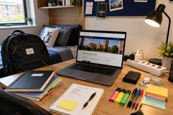 Study essentials checklist for a student room, showing a laptop, backpack, notebooks, chargers, extension lead, power bank, pens, highlighters, sticky notes, and desk supplies.