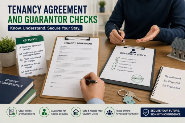 Tenancy agreement and guarantor check documents for student accommodation, showing contract terms, deposit details, verification, and secure booking steps.