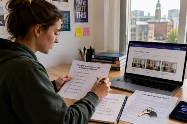 Student reviewing accommodation booking checklist with tenancy agreement laptop listings and keys on desk