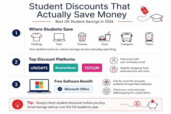 An infographic titled "Student Discounts That Actually Save Money – Best UK Student Savings in 2026." The infographic is divided into three sections. Section 1 shows "Where Students Save" with icons for clothing, tech, cinema, food, transport, and trains.