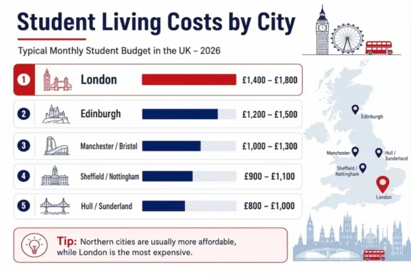 Alt Text: Infographic showing typical monthly student budgets in the UK for 2026 across different cities, ranging from London as the most expensive (£1,400–£1,800) to Hull/Sunderland as the most affordable (£800–£1,000).