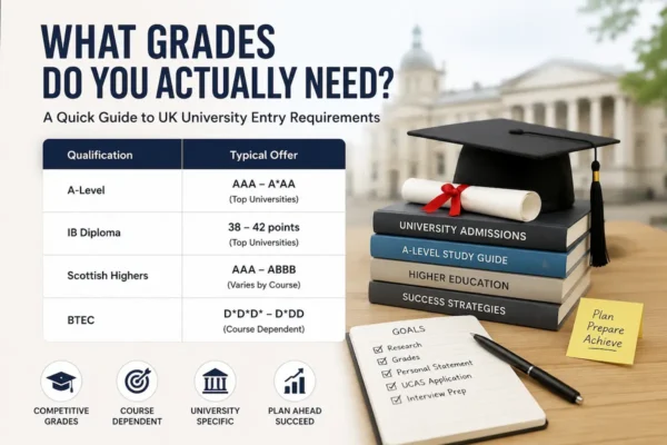 UK university entry requirements showing A-level, IB, Scottish Highers and BTEC grades needed for top universities