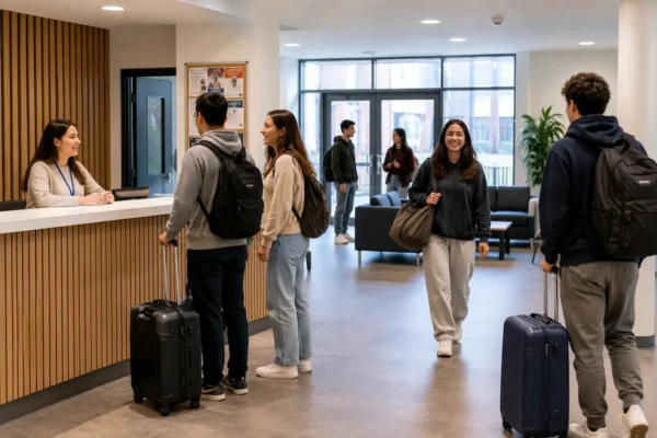 Students arriving at university halls in Nottingham with luggage, showing campus support, shared living, and first-year student accommodation.
