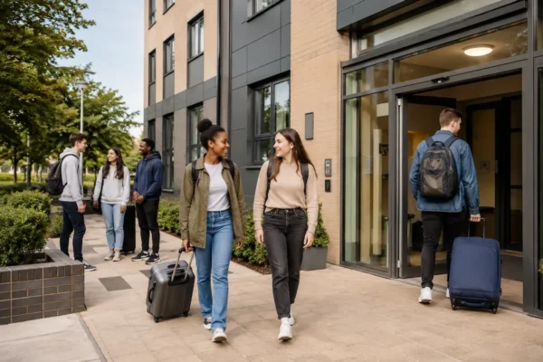 Students arriving at university halls with luggage, showing first-year student accommodation, campus community, and simple supported living.