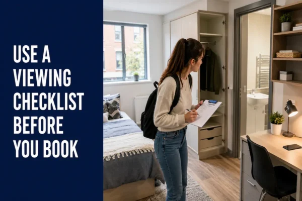 Student using a viewing checklist to inspect a room before booking student accommodation