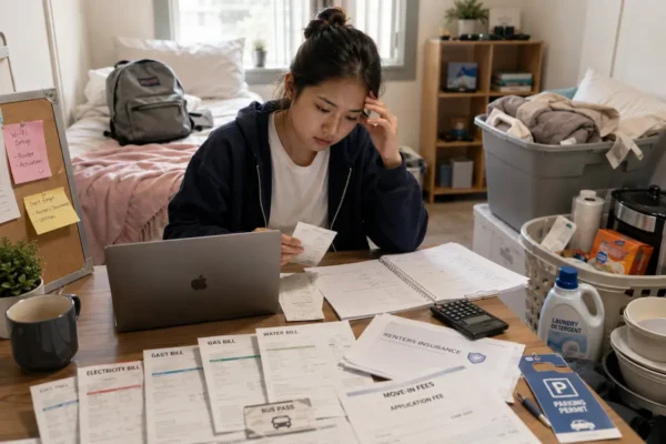 International student reviewing hidden housing costs like electricity, gas, water, WiFi, laundry, bus pass, move-in fees, renter's insurance, and storage expenses.