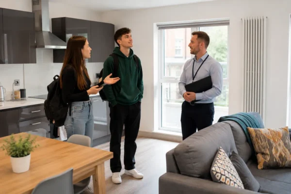 Students asking a letting agent questions during a shared house viewing in Manchester, checking rent, bills, repairs, safety, and contract details.