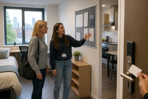 Student viewing a university hall room in Manchester, checking room condition, shared kitchen, notice board, door lock, and housing details before booking.