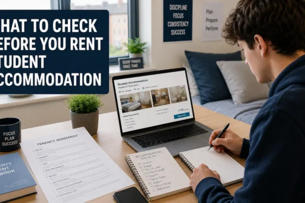 Student checking rent, bills, contract, deposit, and accommodation details before renting student housing